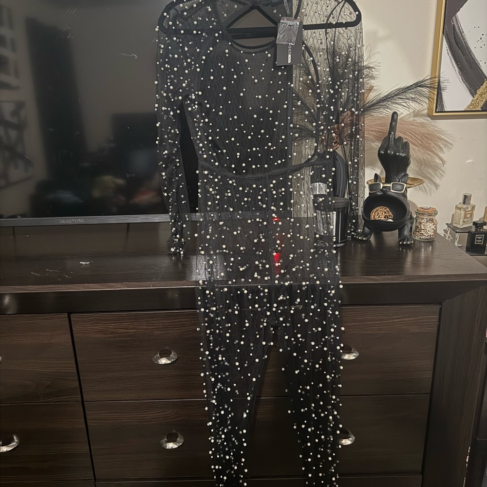 FASHION NOVA Sheer bodysuit with Pearl Embellishments